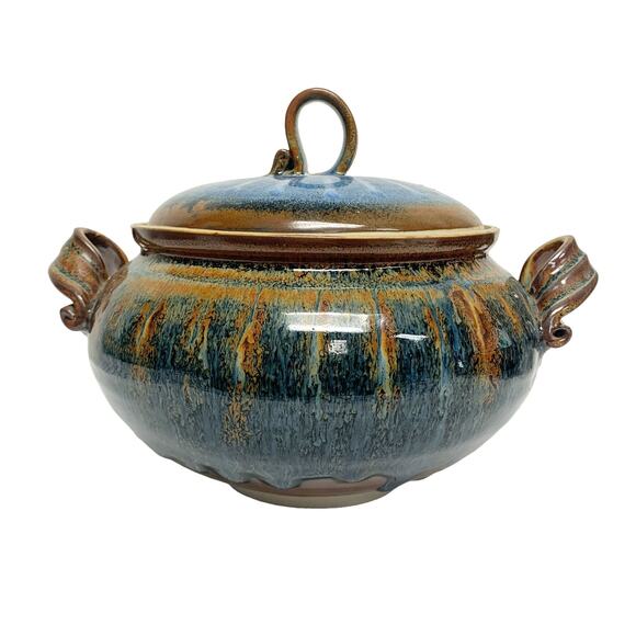 Artist Signed oRuchat Blue Brown Decorative Glazed Ceramic Lidded Pottery - Picture 2 of 10